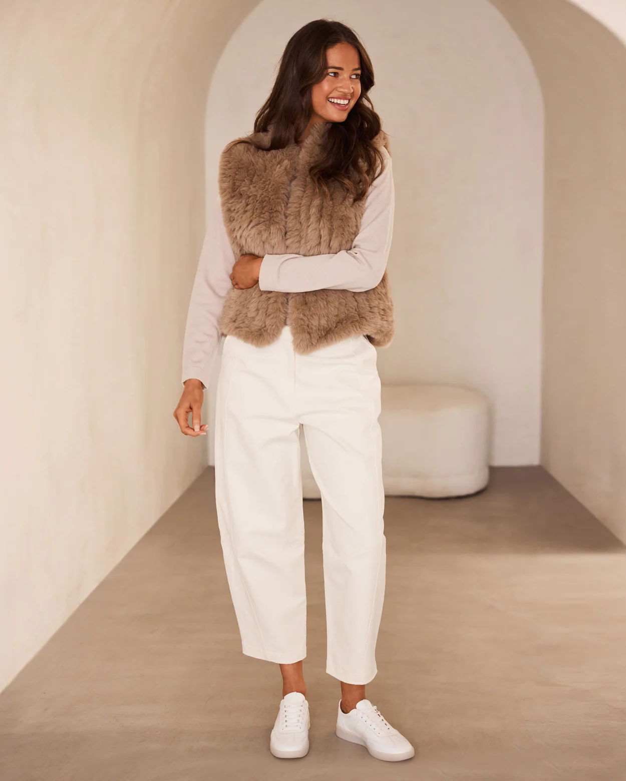 Lila Faux Fur Vest - Tan - Image 5